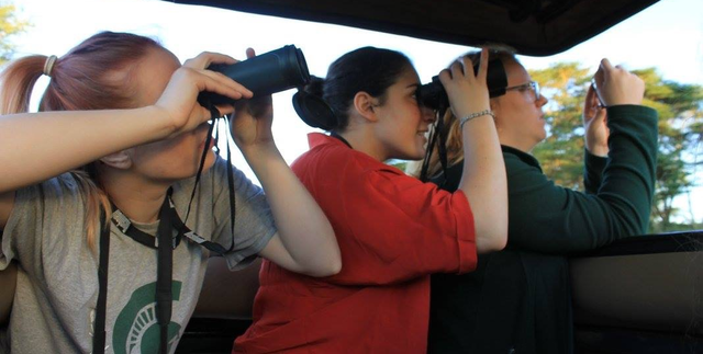 BEAM students observing wildlife with binoculars